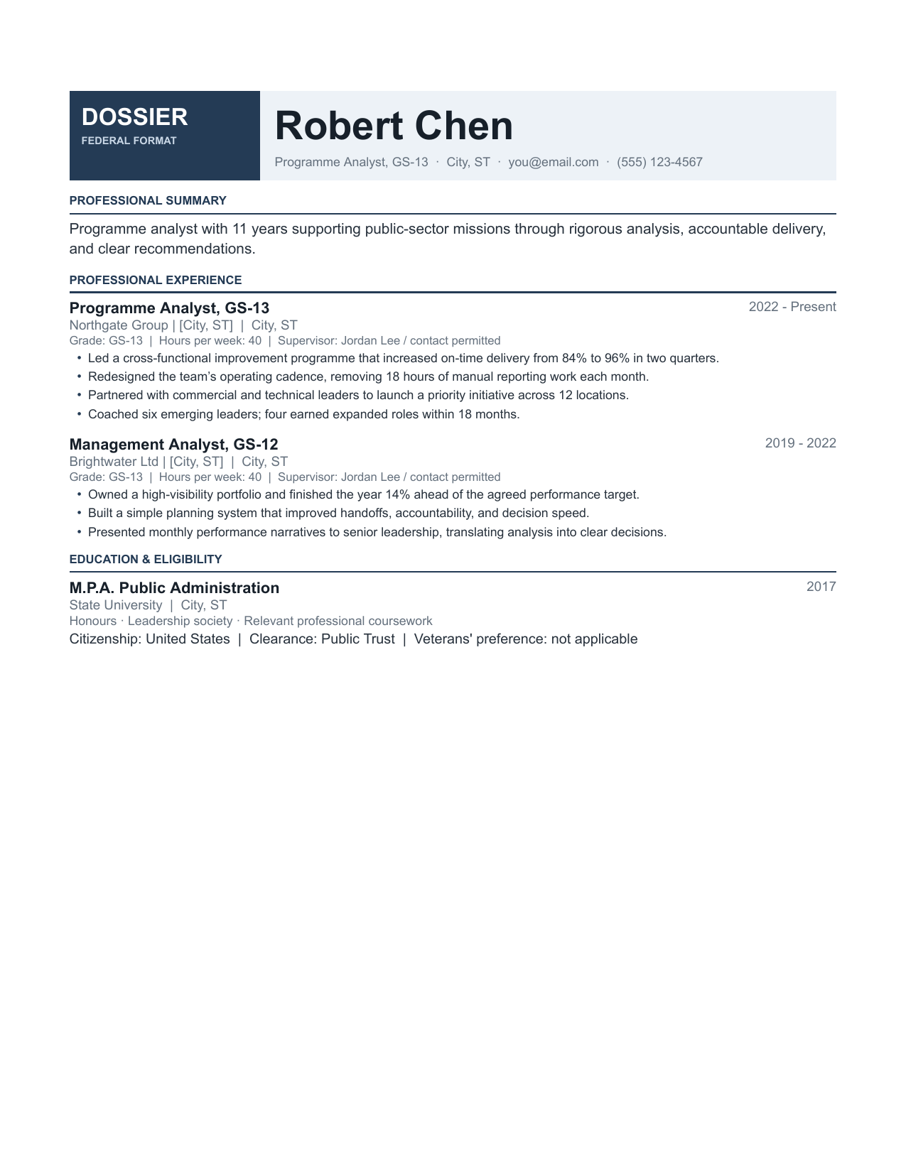 Dossier resume template preview